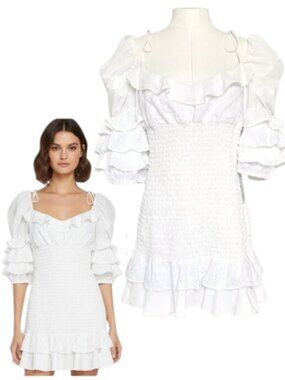 For Love & Lemons White Smocked Eyelet Mini Dress L